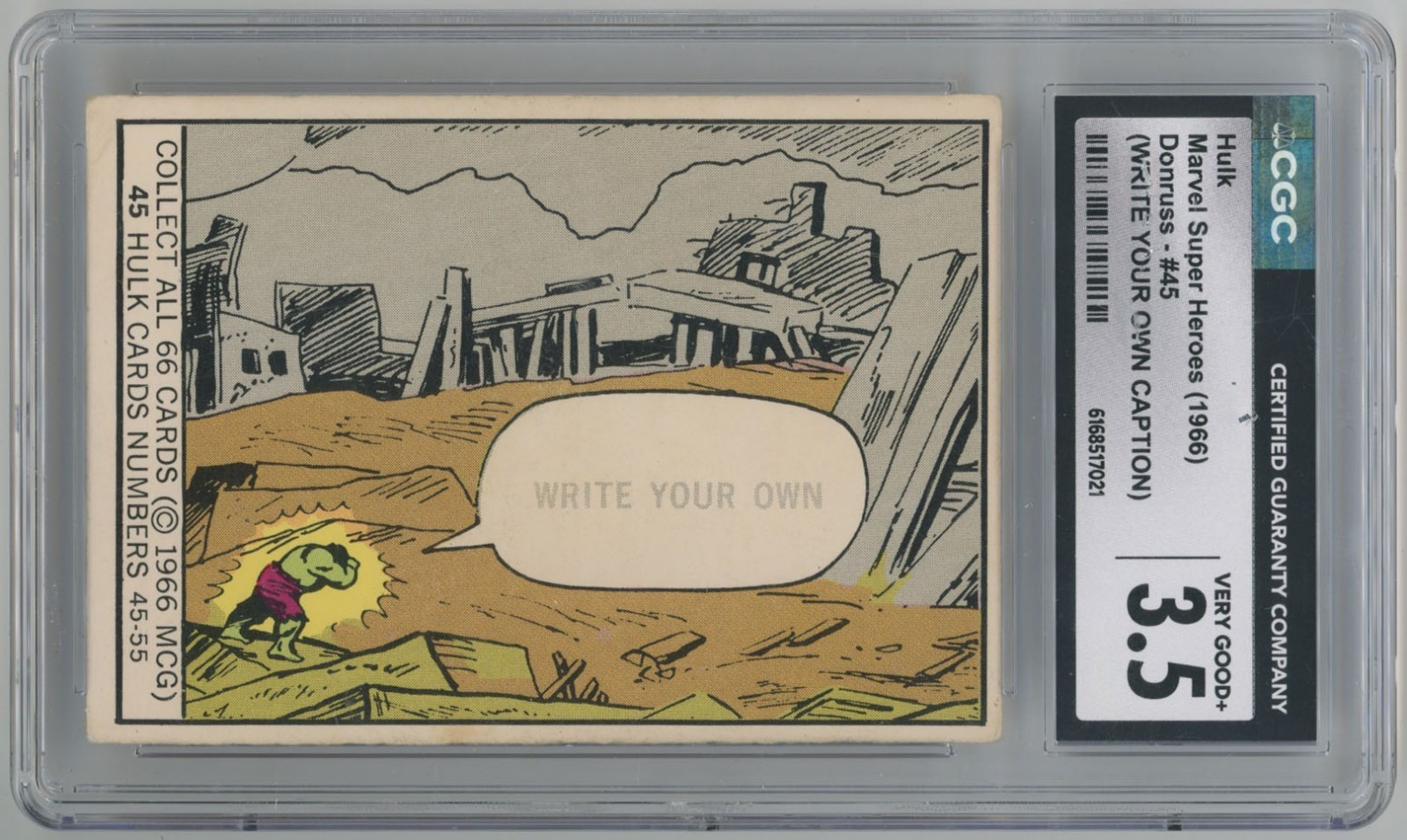 1966 DONRUSS MARVEL SUPERHERO # 45 WRITE YOUR CAPTION HULK ROOKIE CARD CGC 3.5