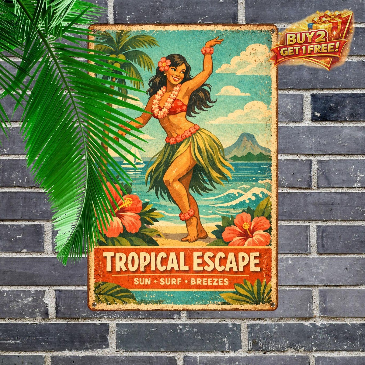 Aloha Waikiki Vintage Hawaiian Hula Girl Tin Sign 8x12 Tropical Wall Decor