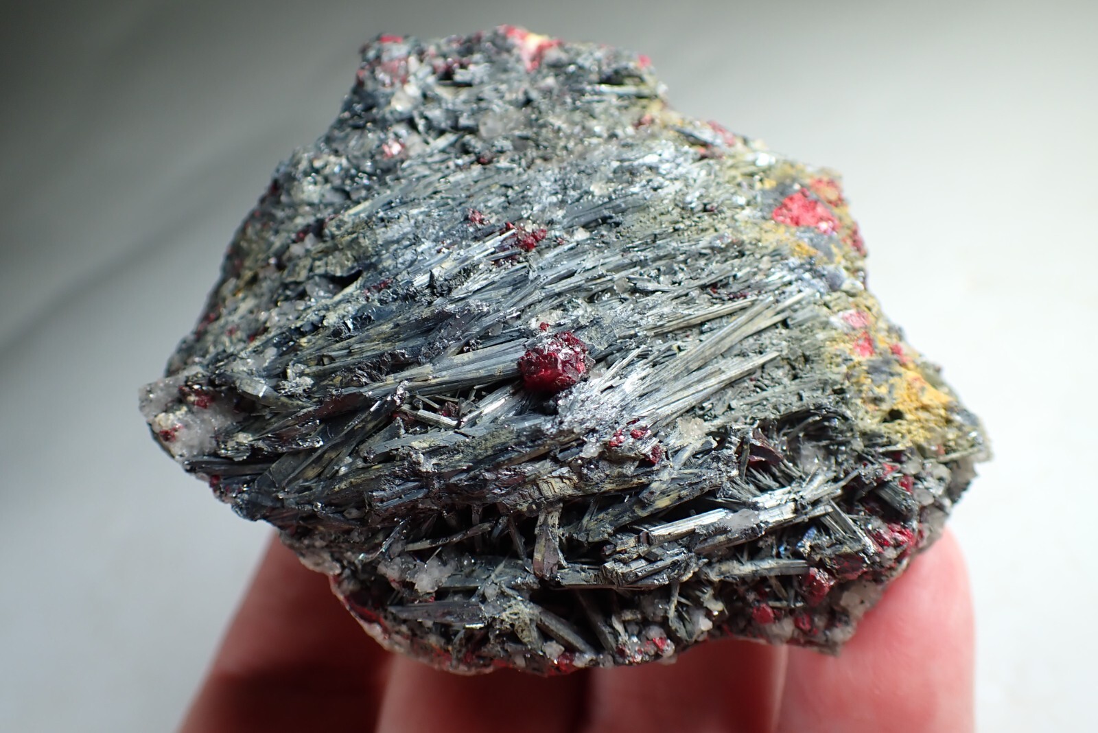 CINNABAR * RED CRYSTALS ON STIBNITE FROM RARE LOCALITY Nikitovka, UKRAINE CINNABAR * RED CRYSTALS ON STIBNITE FROM RARE LOCALITY Nikitovka, UKRAINE