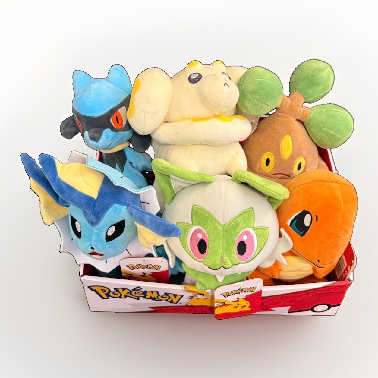 Pokemon 8” Plush 6pc Lot Riolu Vaporeon Sprigatito Charmander Fidough Bonsly