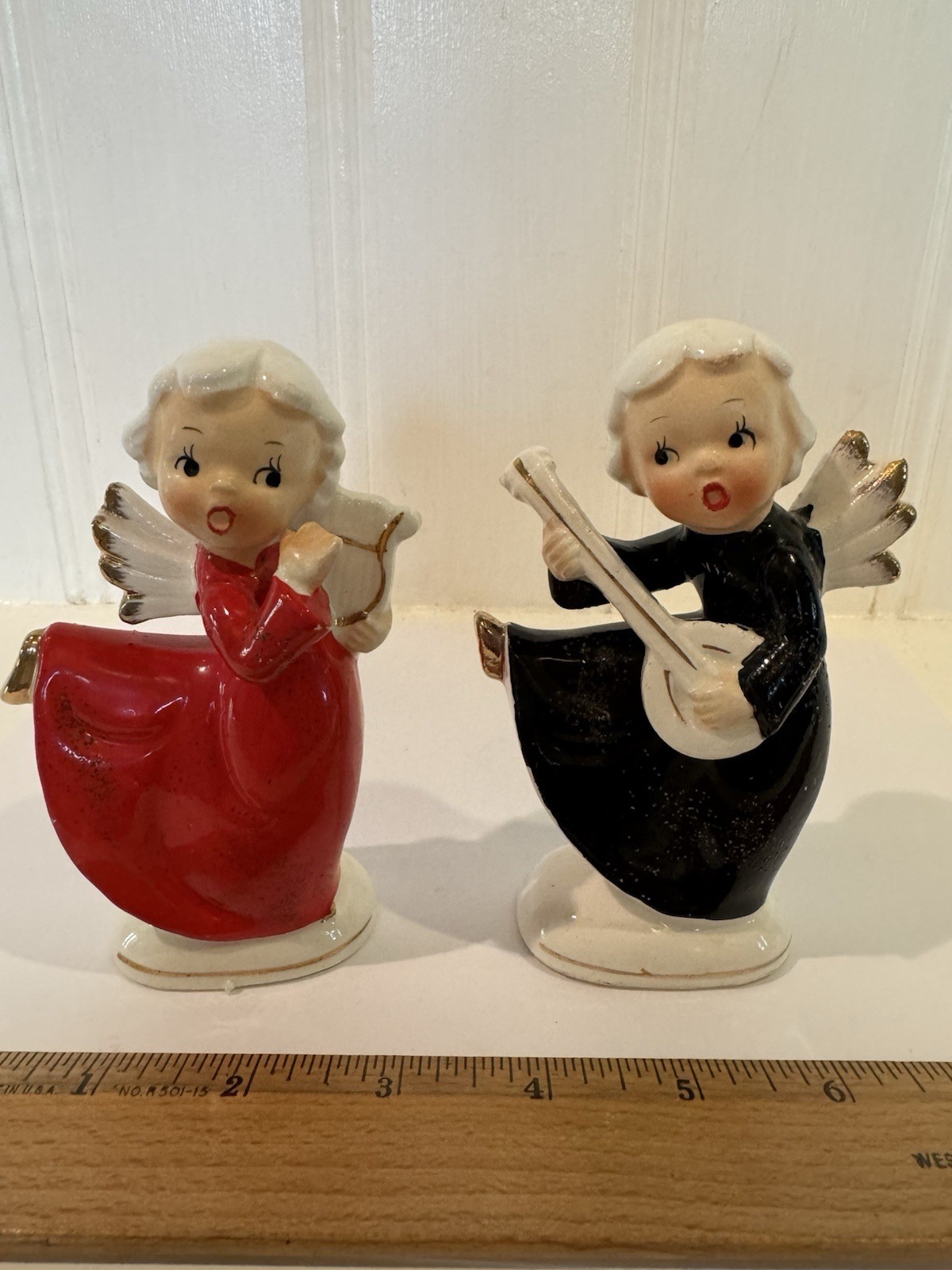 Vintage Japan Shafford Christmas Ceramic Angels with instruments shakers Vintage Japan Shafford Christmas Ceramic Angels with instruments shakers