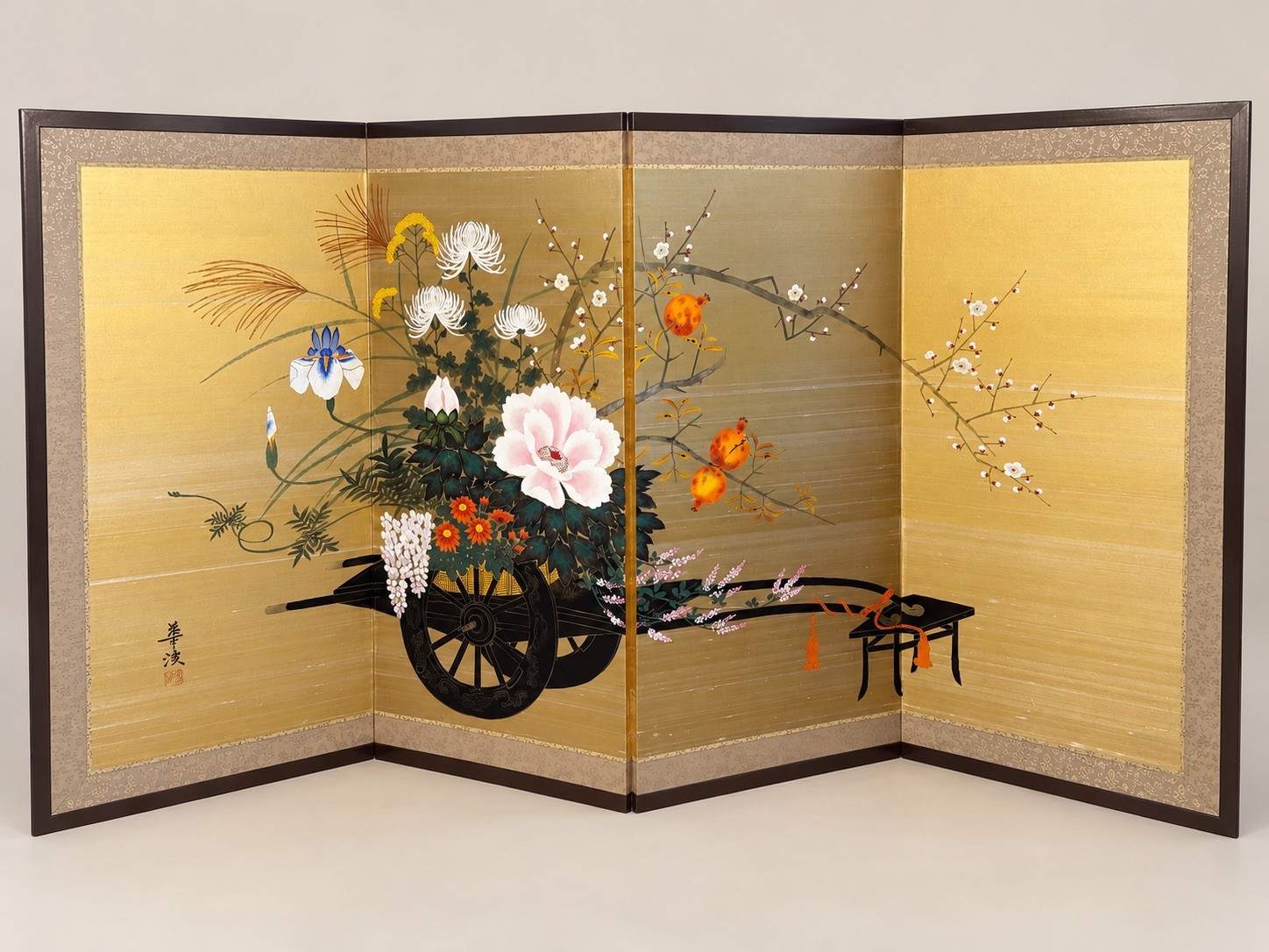 Vintage Japanese Byobu 4 Panel Folding Screen Gold Flower Cart Hanaguruma 36x70