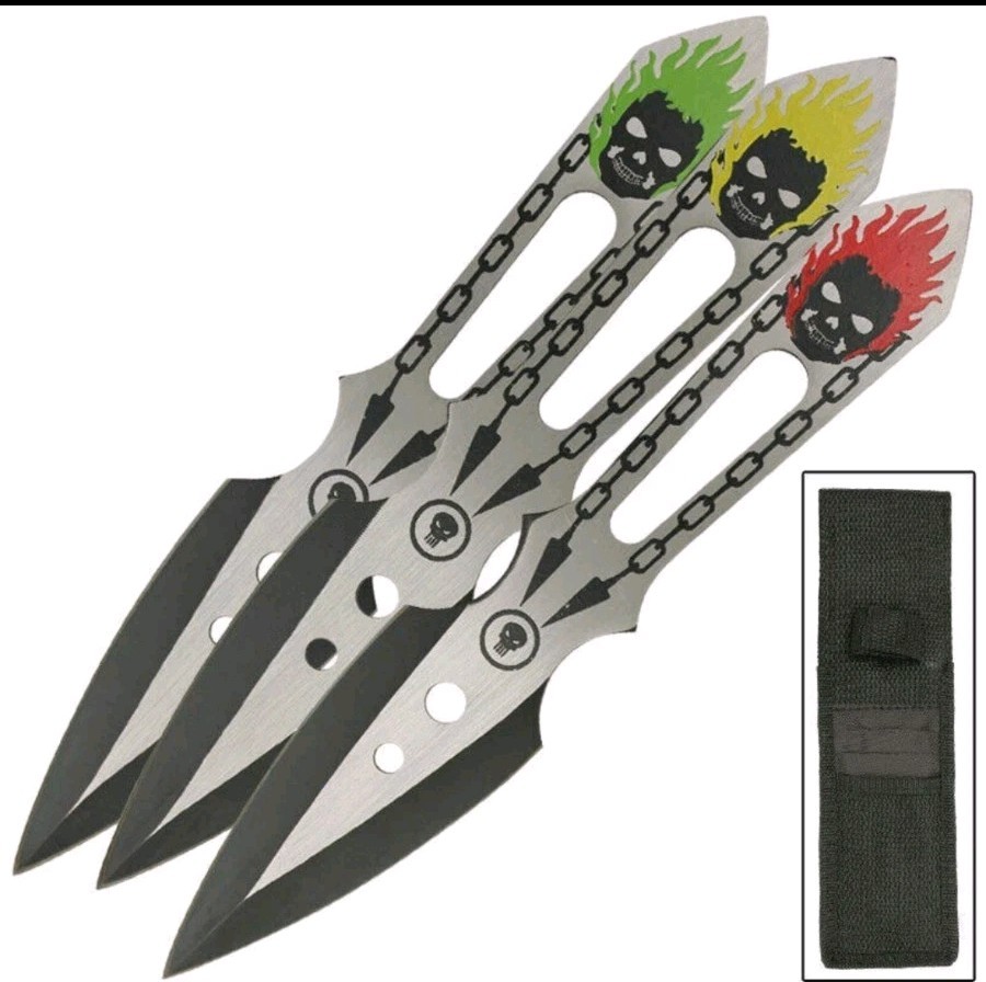 3Pc Grinning Demonic Skull Throwing Knives Set Chain Link Design + Free Sheath