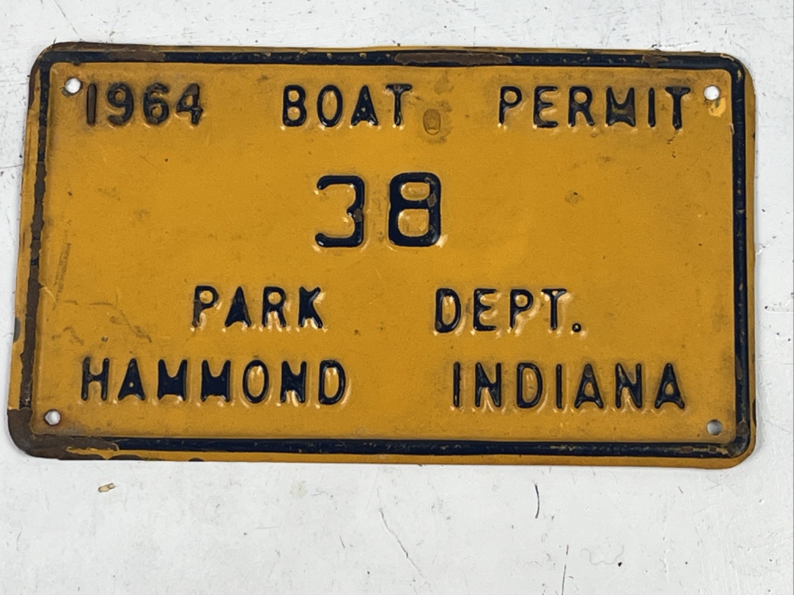 1964 Hammond Indiana Park Dept Boat Permit #38 Embossed Metal Plate