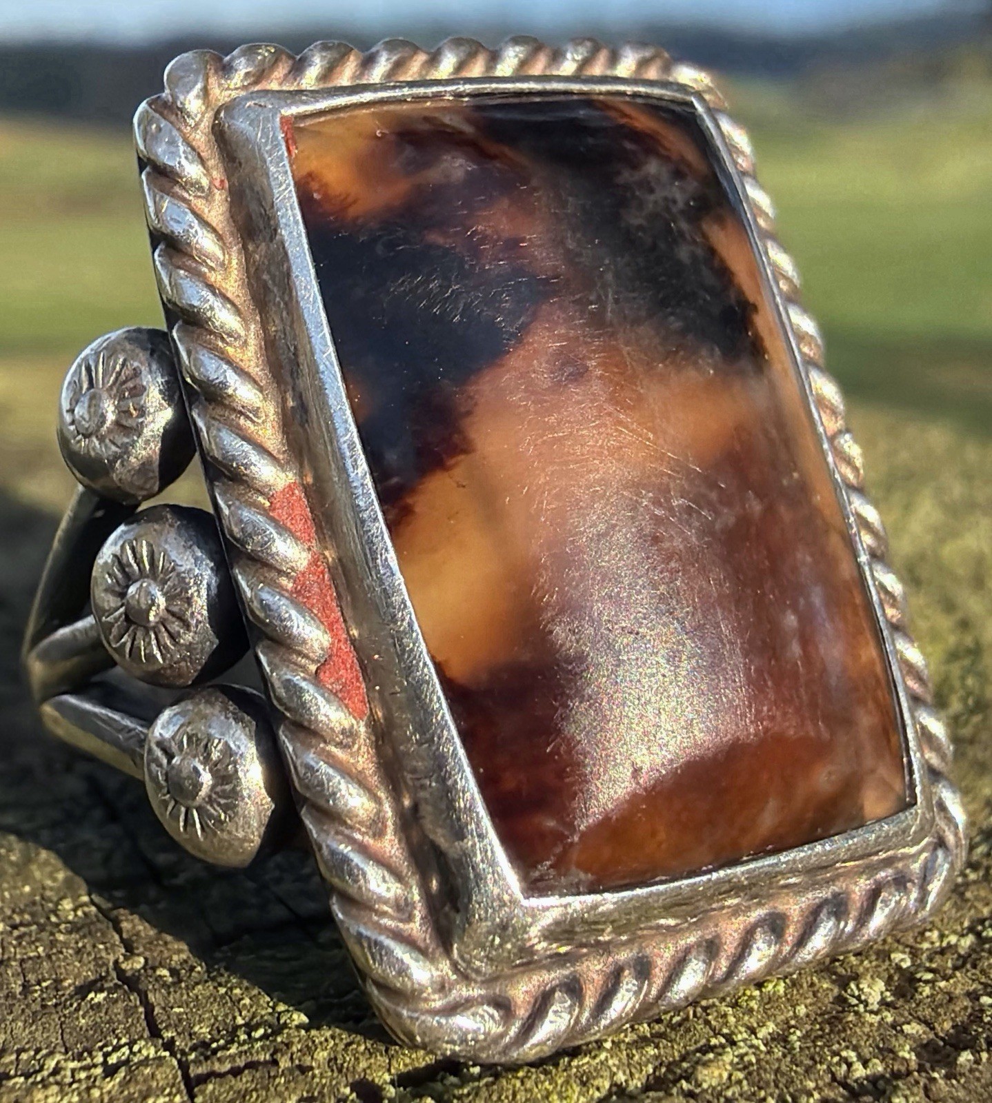 Vintage c.1940s Navajo Hand Wrought Coin Silver & Fossilized Wood Ring — Size 8