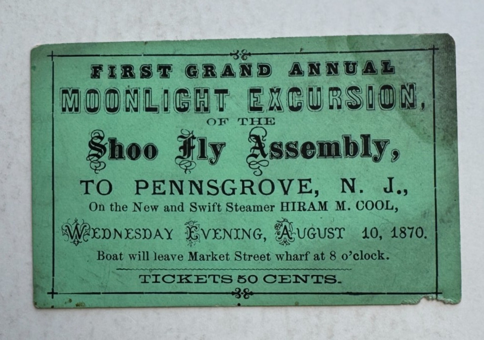 Vintage 1870 Steamer Hiram M Cool Moonlight Excursion Ticket to Penns Grove NJ