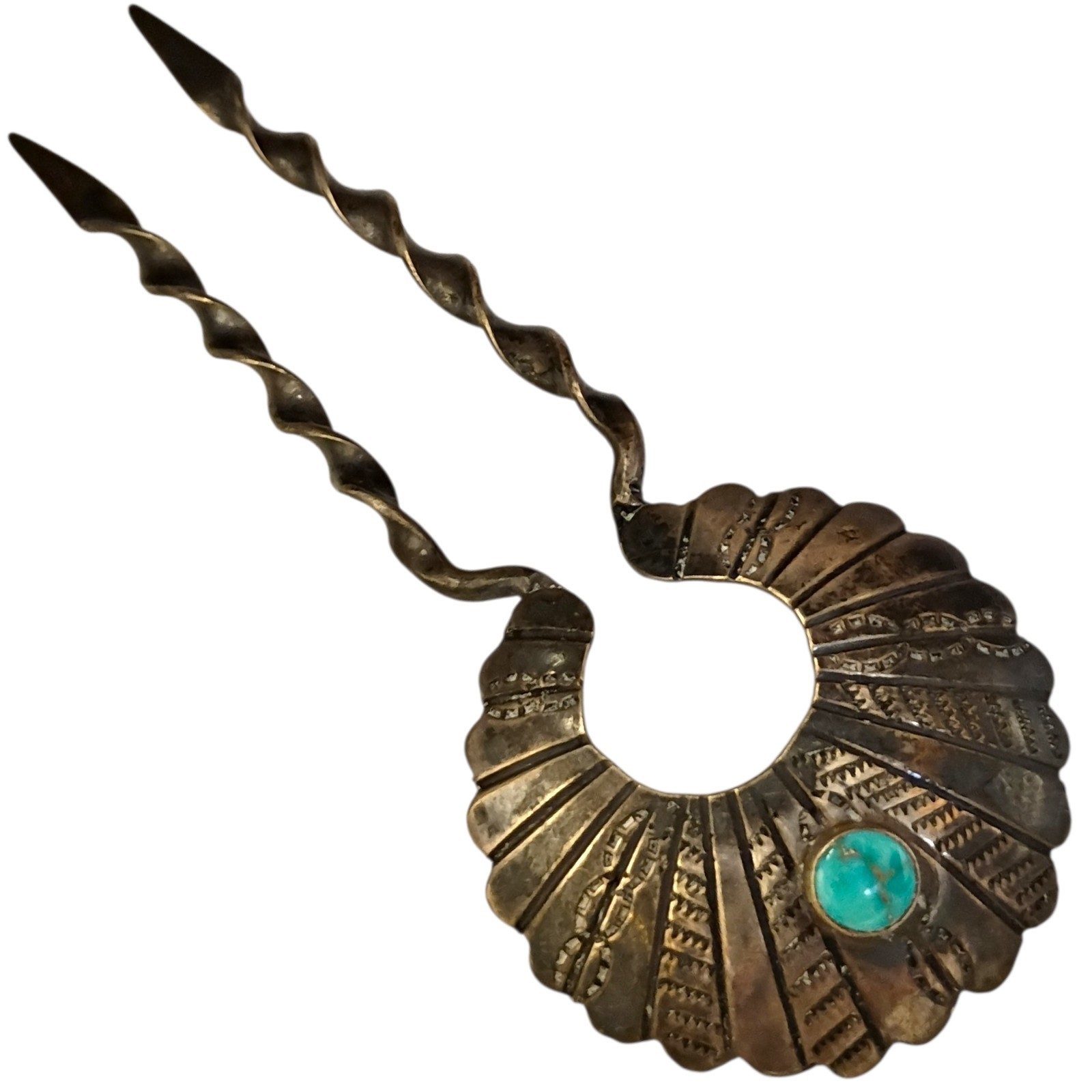 Historic Navajo Stamped Silver Hairpin Royston Turquoise Cabochon, c.1940