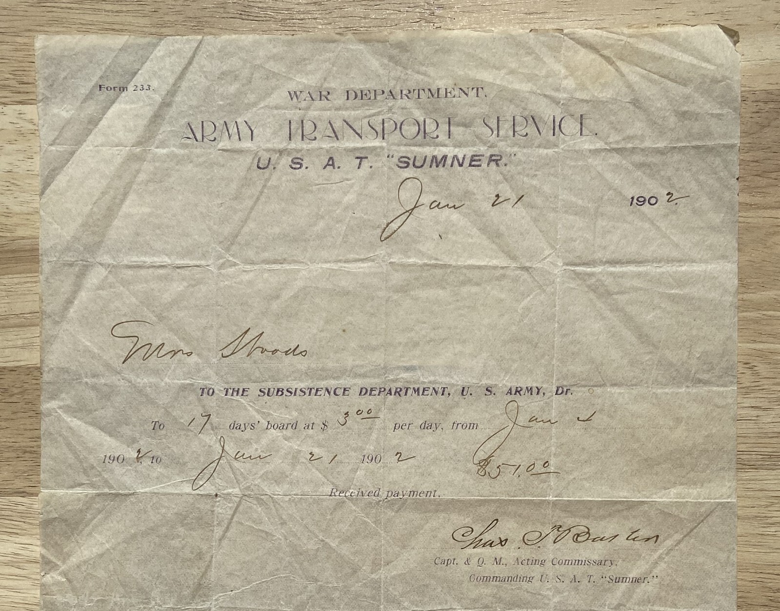 1902 U.S. Army Transport Service U.S.A.T. Sumner Ship Antique Military Document