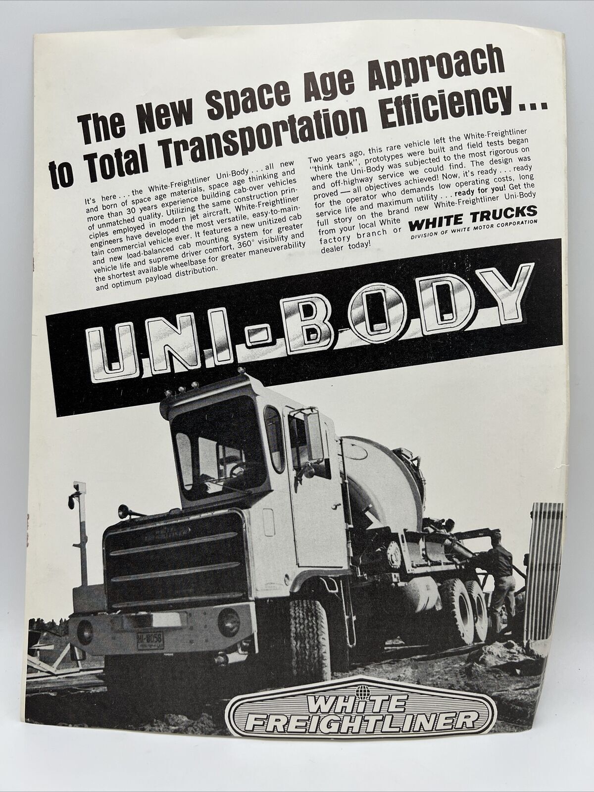 1969 WHITE TRUCKS FREIGHTLINER UNI-BODY The New Space Age Approach ADVERTISEMENT
