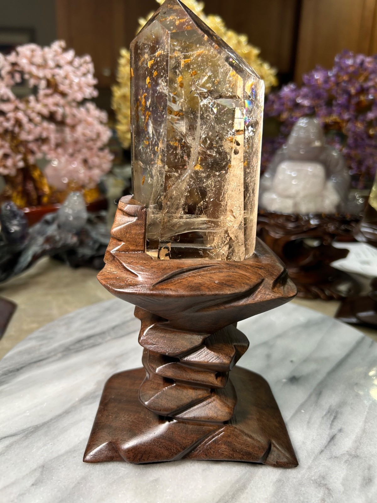 Citrine freeform with calcite and rainbows on custom sandalwood stand