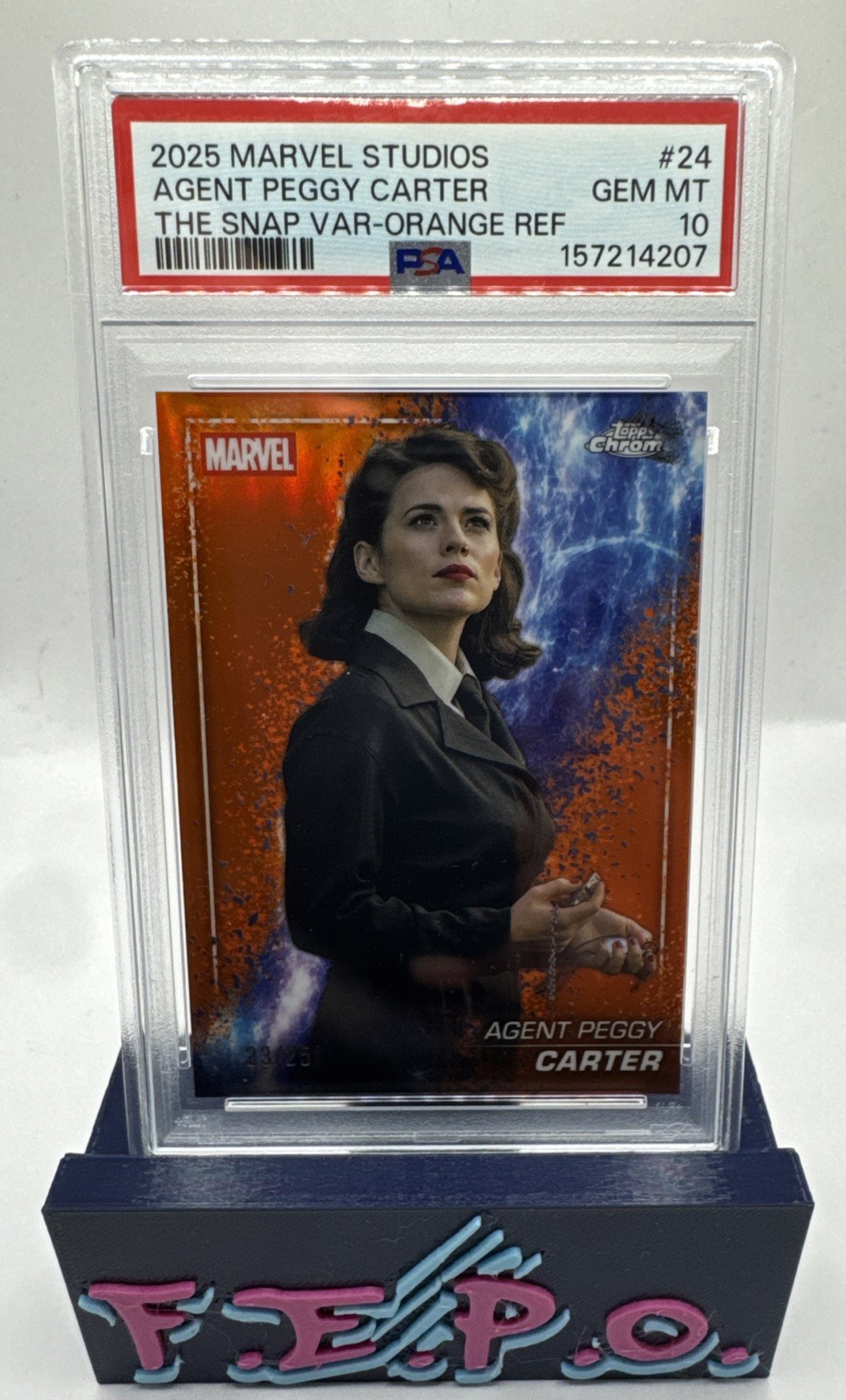 2025 Topps Chrome Marvel Orange Refractor Agent Peggy Carter 23/25 PSA 10