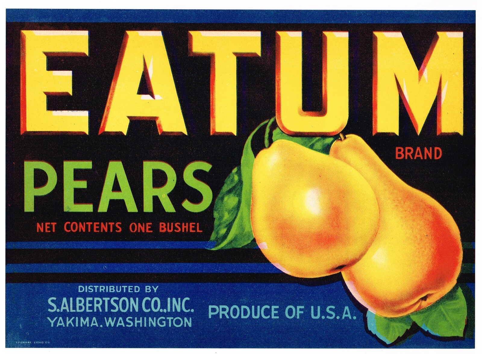 ORIGINAL 1950S CRATE LABEL VINTAGE EATUM YAKIMA TYPOGRAPHY PEAR FRUIT WASHINGTON