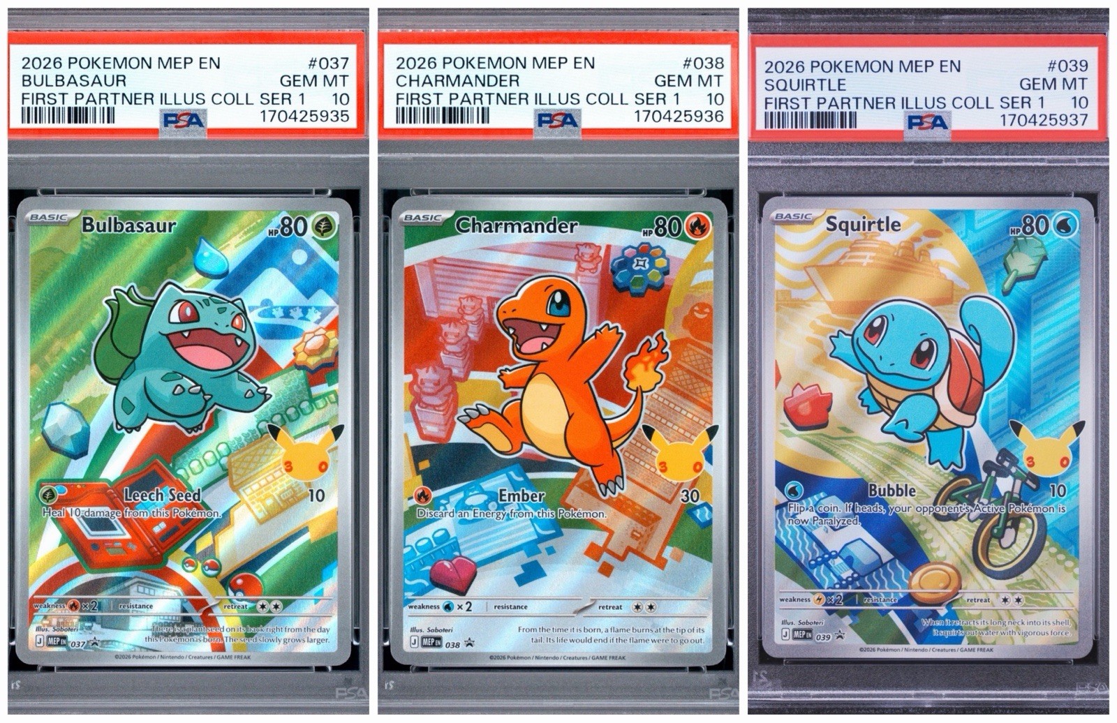2026 Pokémon First Partner Series 1 Kanto Starters Sequential PSA 10 Set of 3