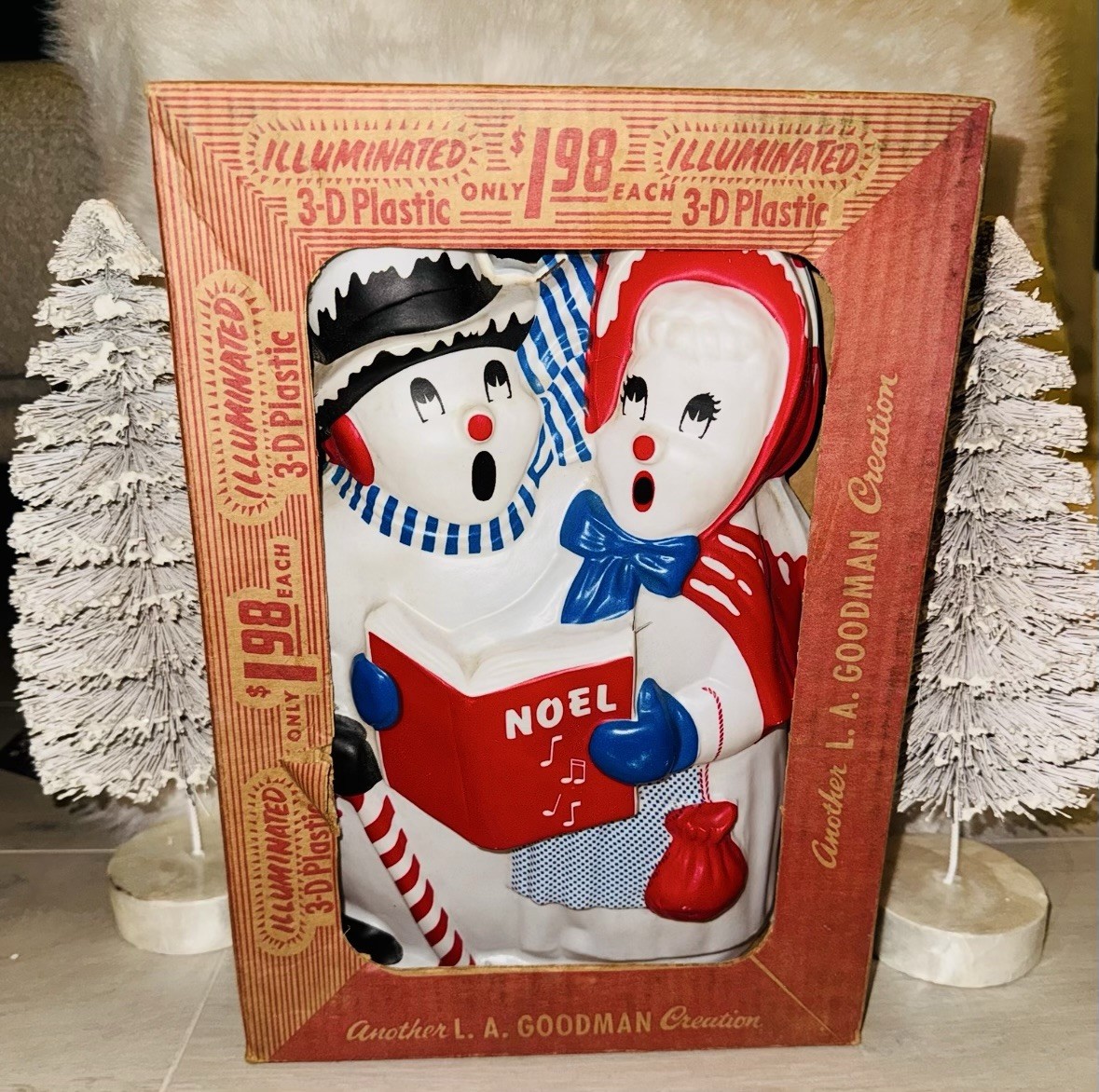 RARE Vtg L.a.Goodman Blow Mold Plastic Snowman Noel Carolers ORIGINAL BOX ☃️🎶