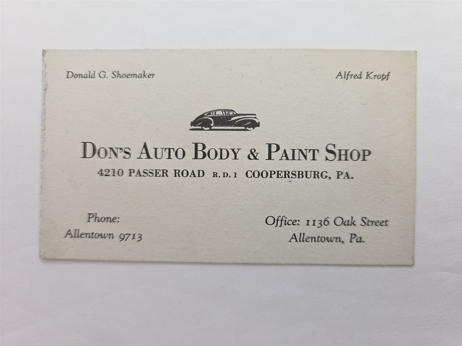 1940s antique DON\'S AUTO BODY coopersburg pa PAINT SHOP business card