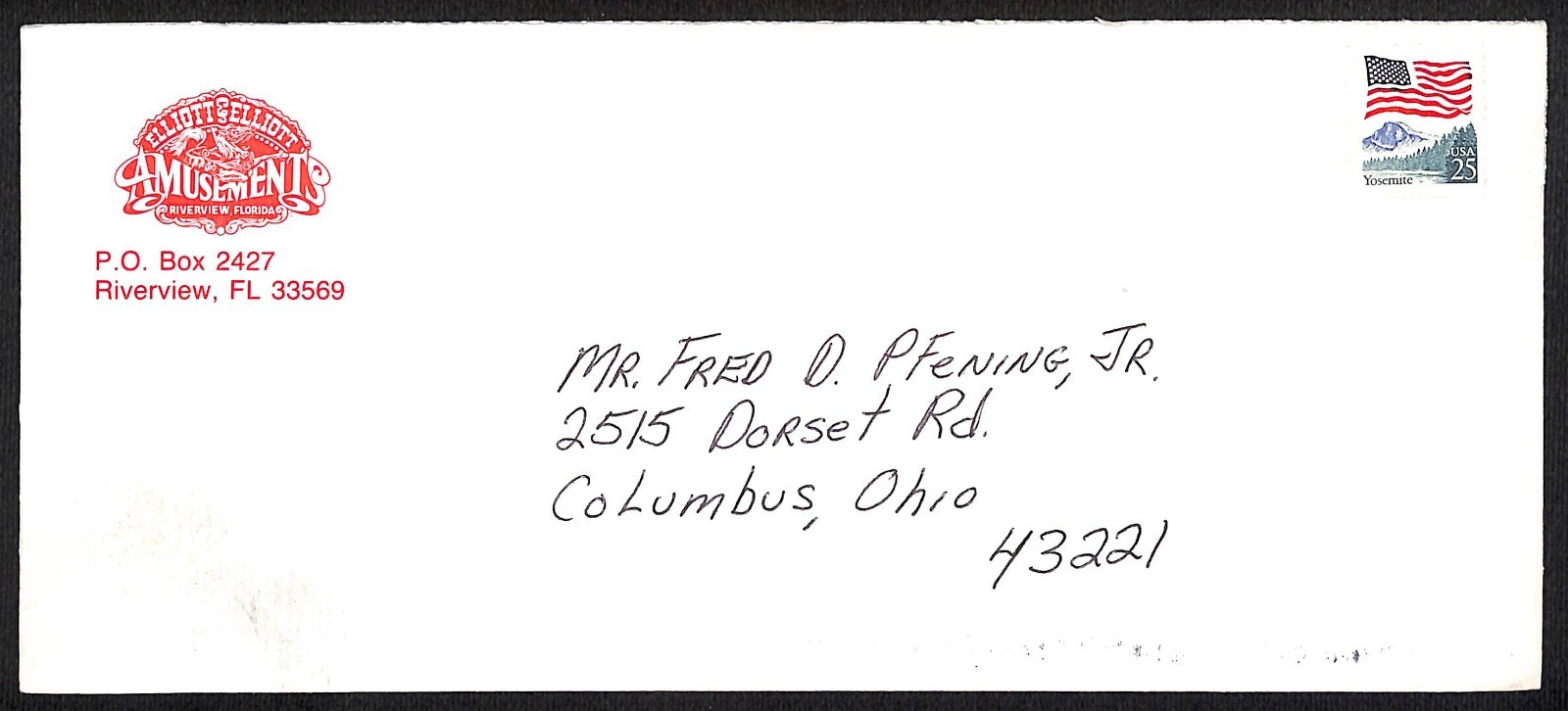 Elliot & Elliot Amusements Riverview, FL Circus Cover / Envelope c1993