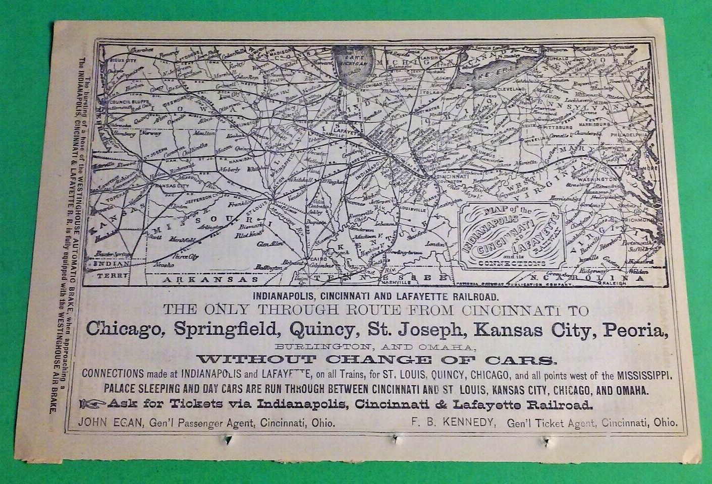 Rare 1876 INDIANAPOLIS, CINCINNATI and LAFAYETTE Railroad Print Map