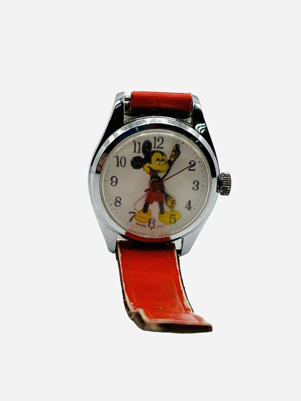Mickey Mouse Disney VTG Mechanical Watch Manual Wind Red Strap For Parts Repair