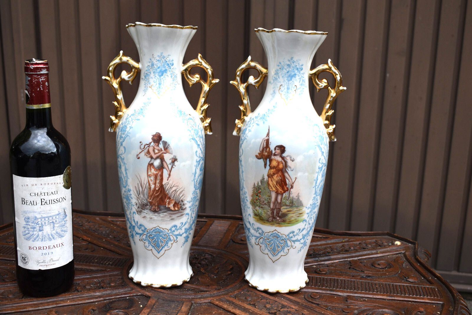 pair antique french porcelain vases figural decors
