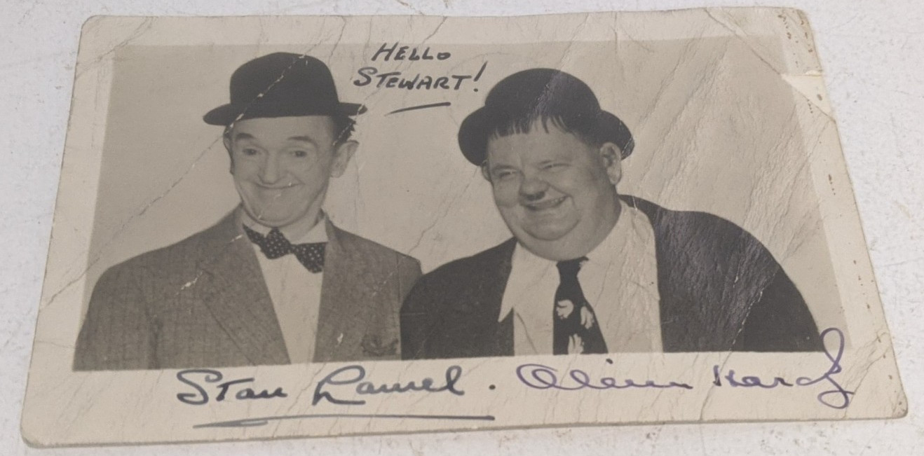 Laurel and Hardy Signed Postcard - Genuine 1952 Olympia Theatre Dublin Postmark