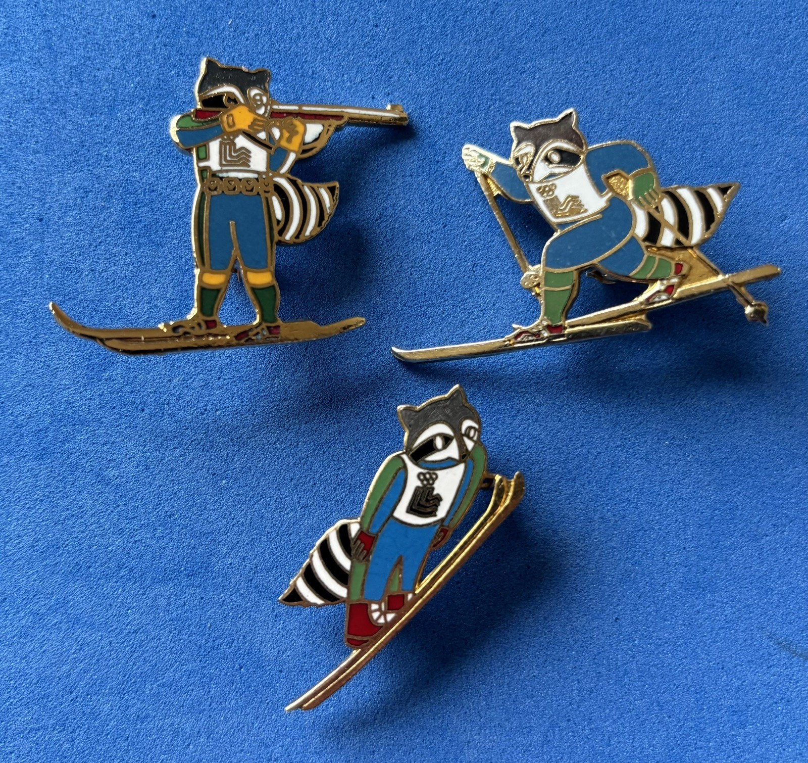 1980 LAKE PLACID WINTER OLYMPIC GAMES MASCOT- RONI RACCOON VARIOUS EVENTS 3 Pins