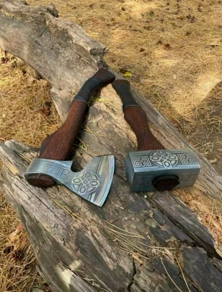 2pcs Set - Viking Axe, Viking Hammer, Mjolnir Hammer, Hand Forged Carbon Steel.