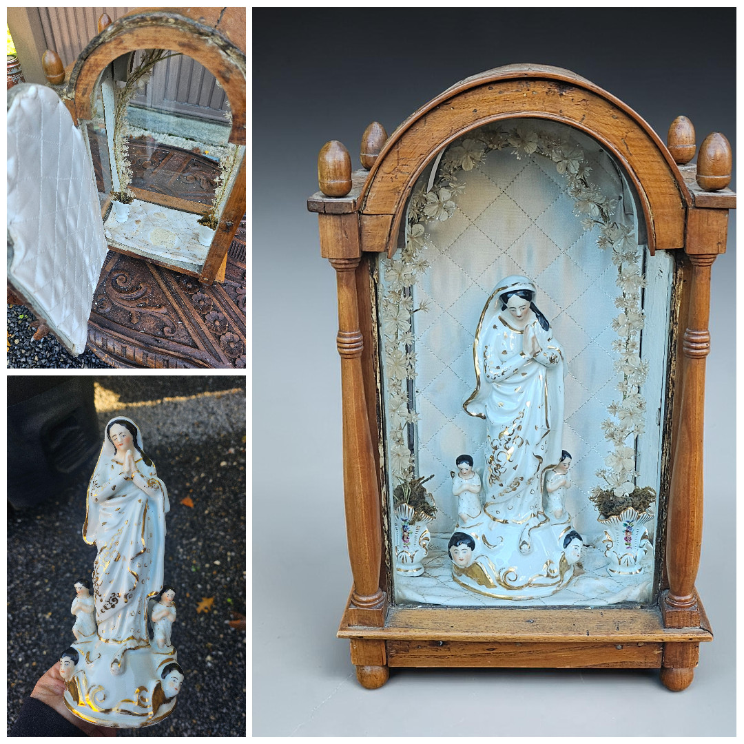Antique 19thc wood niche chapel French porcelain madonna Angels vases rare