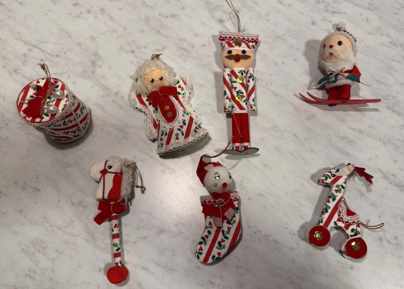 Vintage MCM KITSCH Christmas Ornament Lot Of 7 Made in Japan Flocked And Fabric