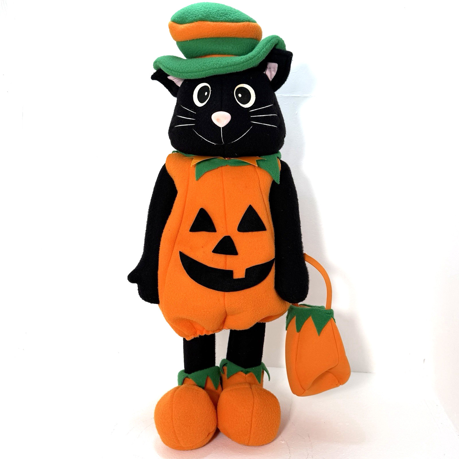 VTG 90s Handerson Halloween Black Cat Plush in Jack O Lantern Pumpkin Suit