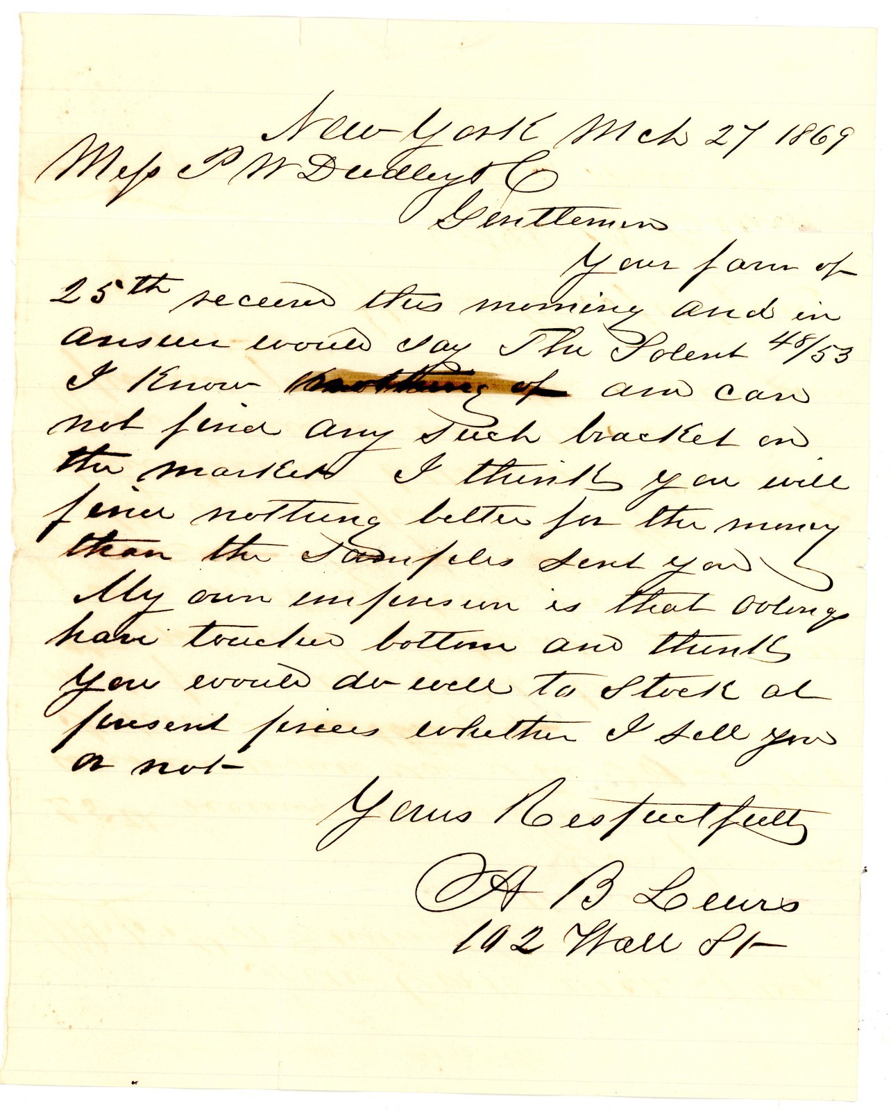 1869 New York Letter Market Prices Trade Samples signed A.B. Lewis P.W. Dudley