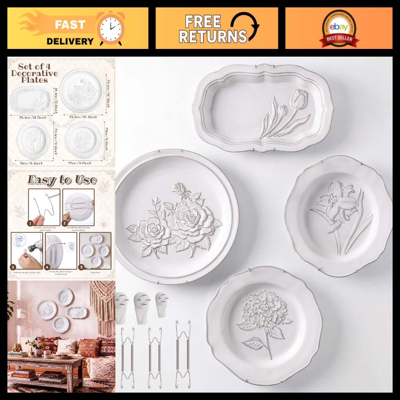 Set of 4 Ceramic Decorative Wall Plates - Embossed Floral Hanging Decor