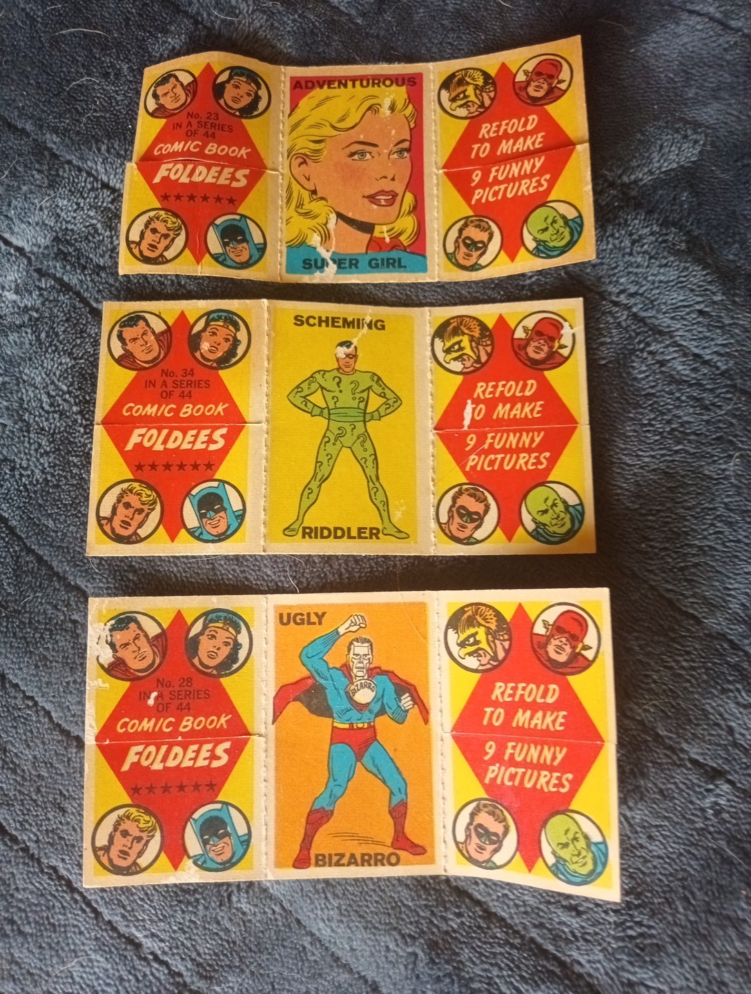 Vtg 1966 Topps DC Comics Supergirl Bizarro Riddler Foldees Card Lot Set 3 Parts