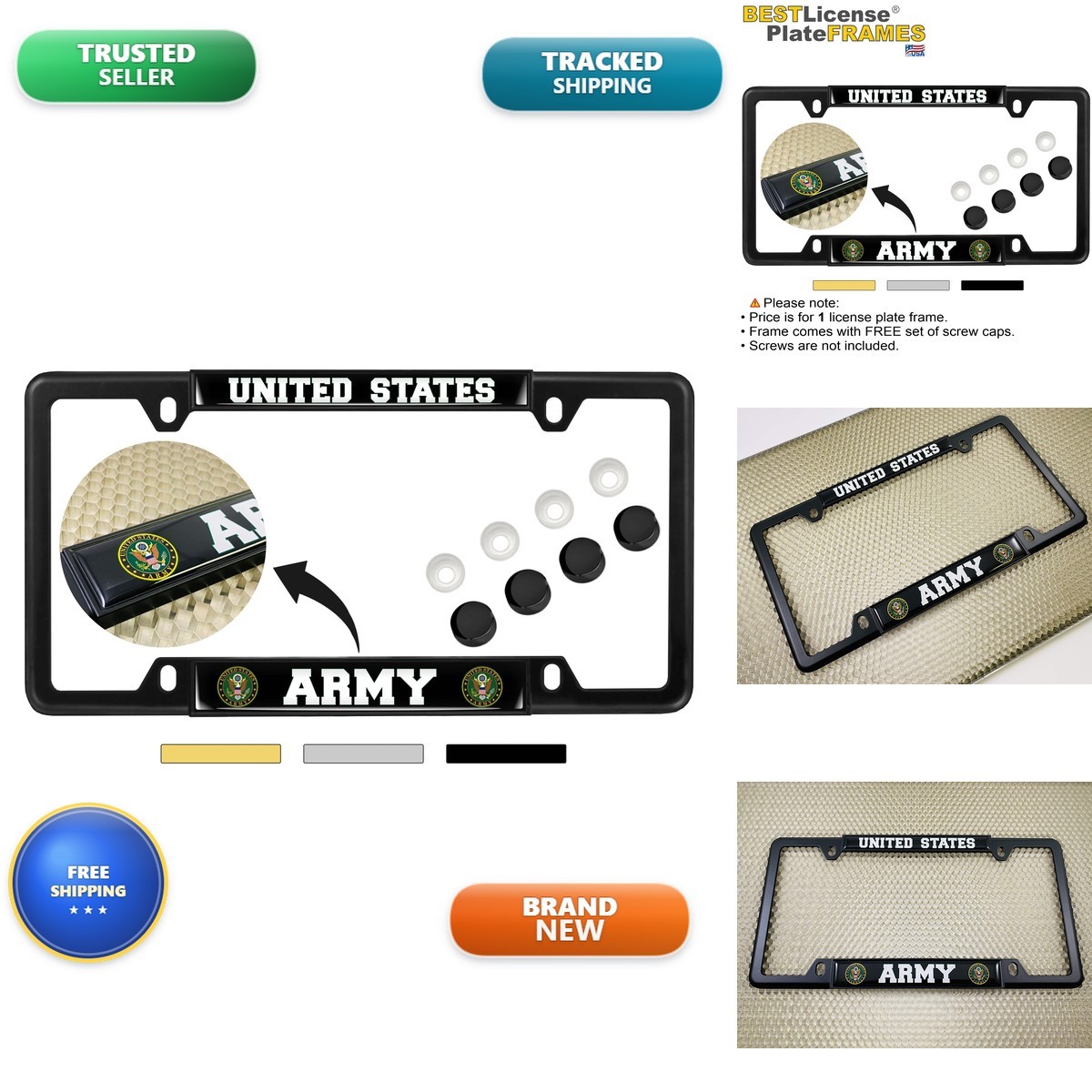 BestLicensePlateFrames United States Army 4 Hole Metal Car - Black, Qty 1