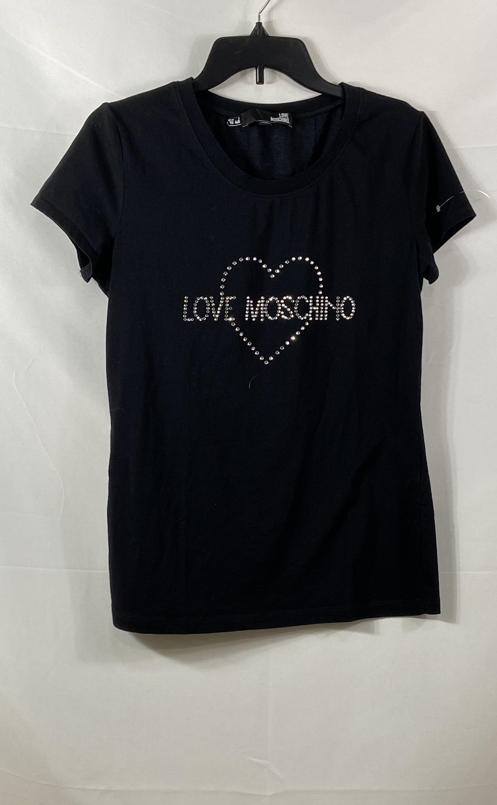 Love Moschino Women's Black Rhinestone Heart Logo Short Sleeve T-Shirt Sz 10