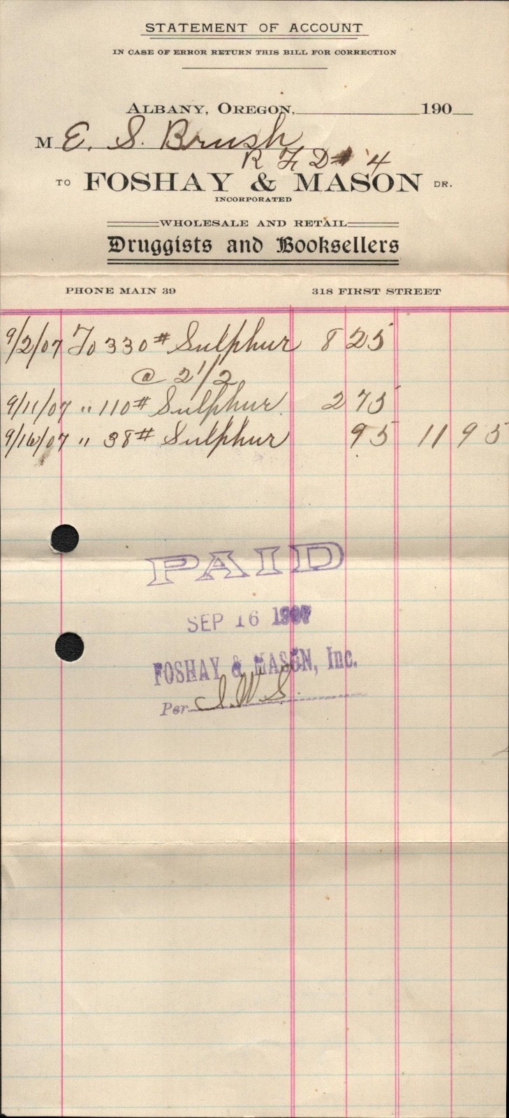 1907 Antique Druggist Bookseller Billhead Receipt Ephemera Albany Oregon Sulphur