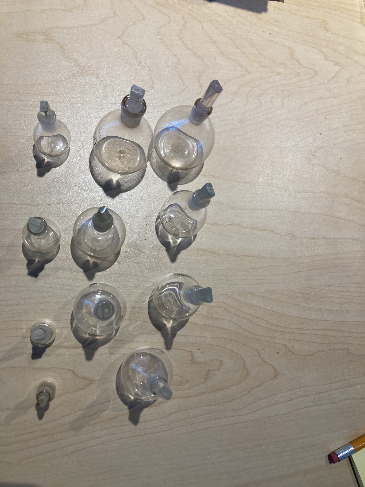 A  Set of 11 Vintage Pycnometers ( specific gravity  bottles)  Range 1cc to 50cc