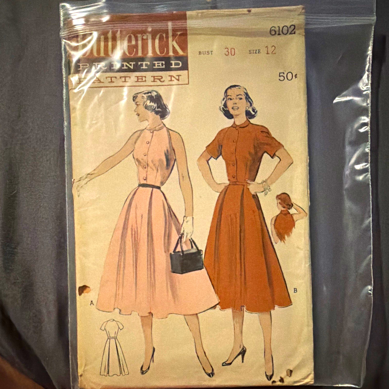 Butterick Women\'s Dress Sewing Pattern 6102, Vintage Original Size 12, 1952