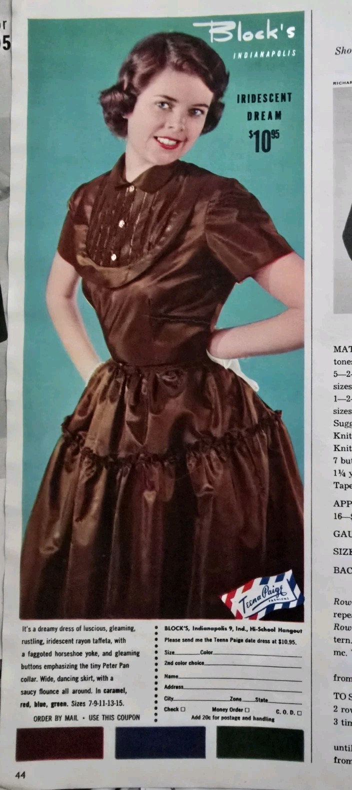 1950 Women's Teena Paige Dress  Block's Indianapolis fashion Vintage Ad 