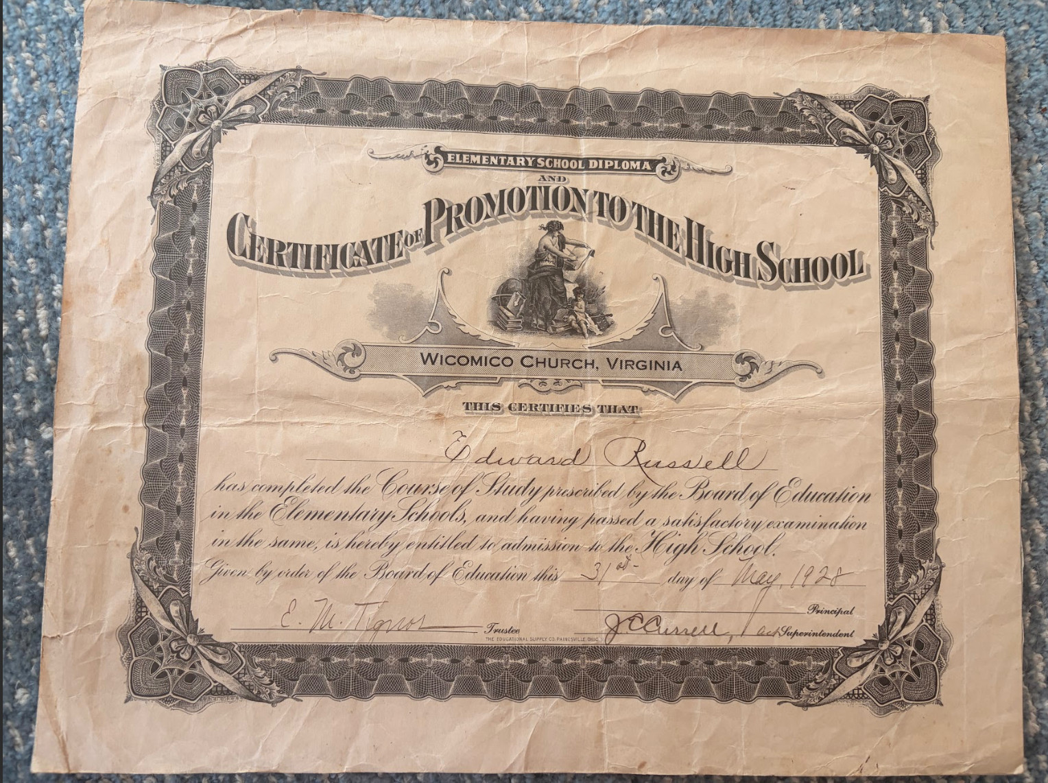 VINTAGE 1928 Certificate of Promotion to the High School