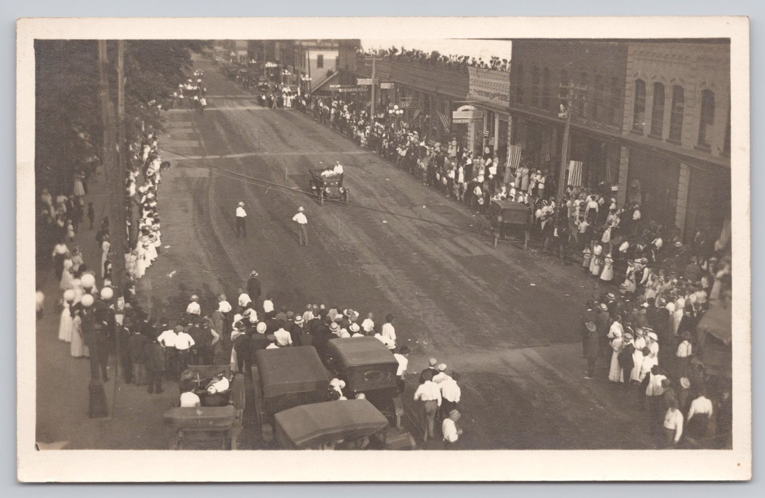 RPPC Main Street Parade Crowd Early Auto Cars Vintage Real Photo Postcard
