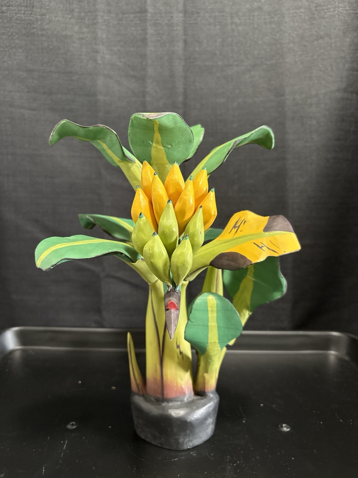 Vintage Wooden Banana Tree Sculpture 12” Hand Carved Painted Folk Art Decor
