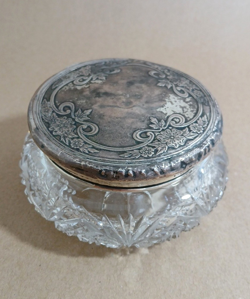 Antique F&B Heavy Cut Crystal Dresser Jar With Sterling Silver Lid Pattern 3876