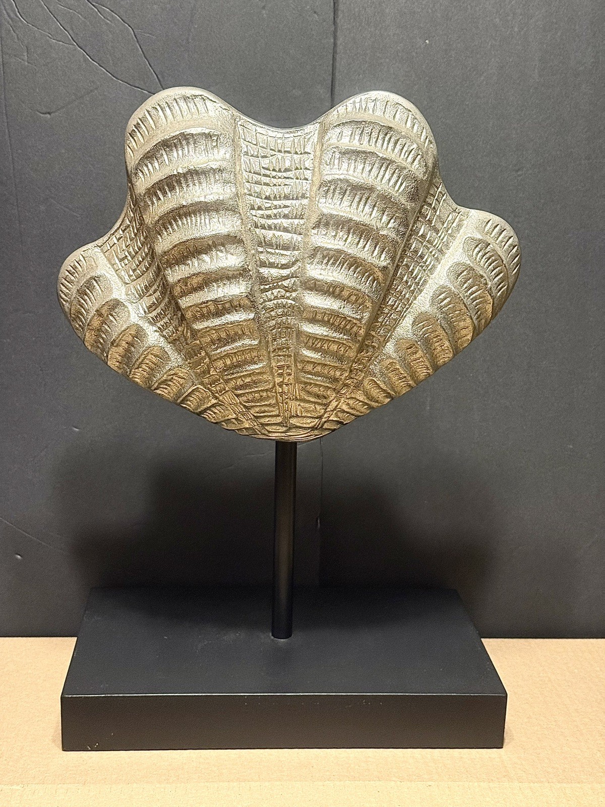 Beautiful Large Clam Shell Cast Aluminum Seashell Sculpture on Stand Base