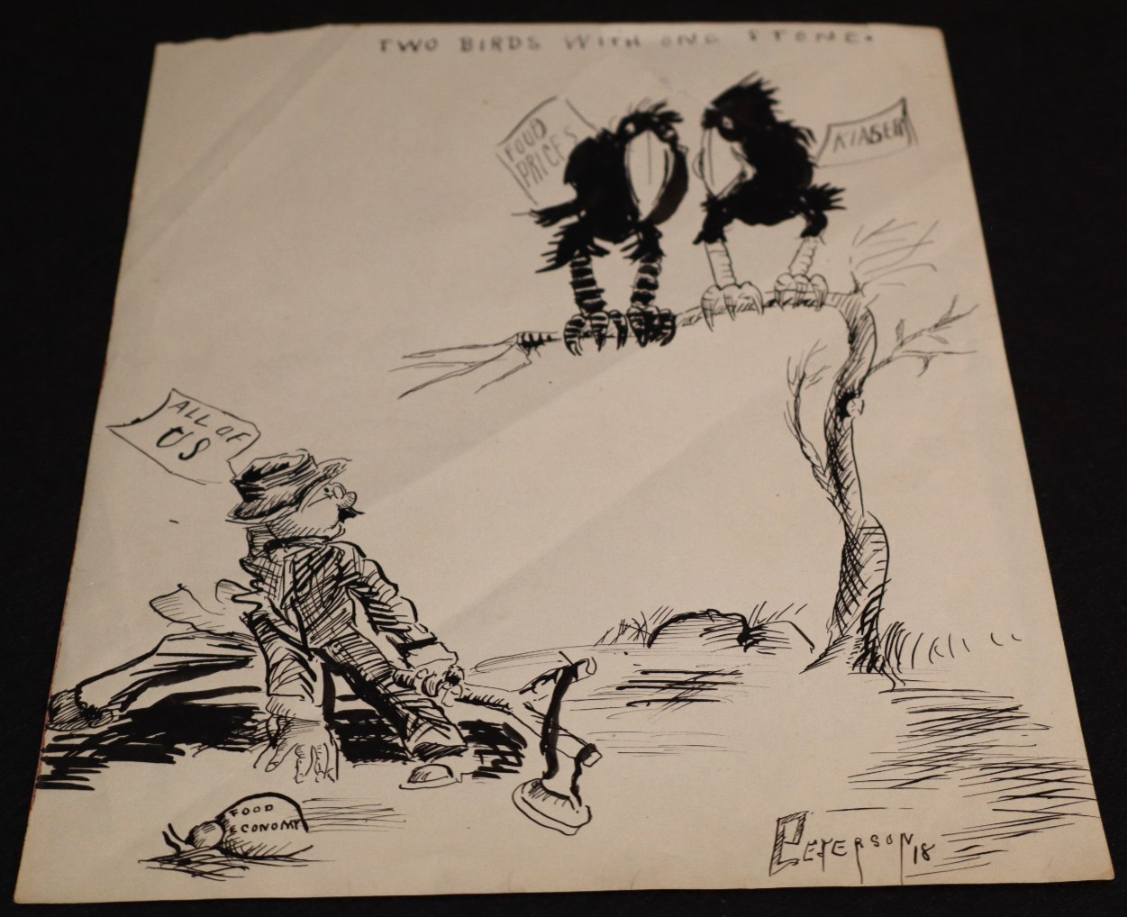 WWI Pen Art Illustration Drawing 'Food Economy Two Birds 1 Stone' Peterson 1918 WWI Pen Art Illustration Drawing 'Food Economy Two Birds 1 Stone' Peterson 1918