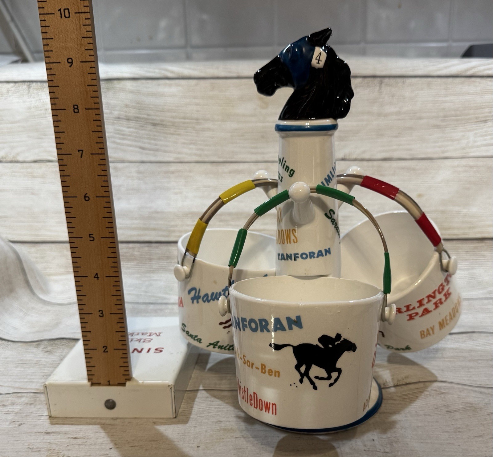 Vintage Swank At the Post Carousel Caddy MCM Horse Racing Barware Condiment Set