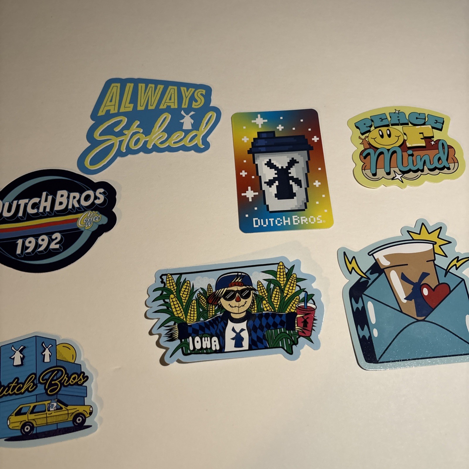 Lot Of 7 Dutch Bros Stickers Iowa Grand opening stickers Rare Scarecrow corn