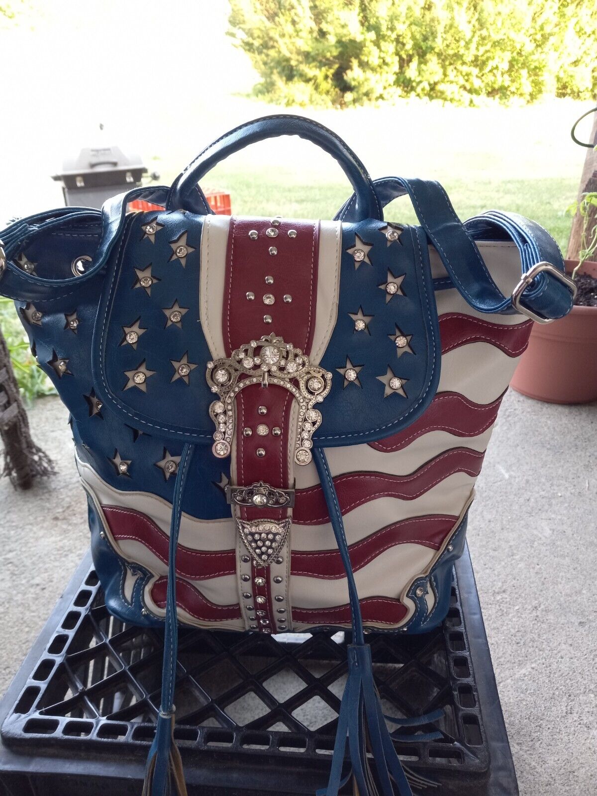 Cowgirl Trendy~Red,White, & Blue~Rhinestones~Backpack Purse~U.S.A. Flag