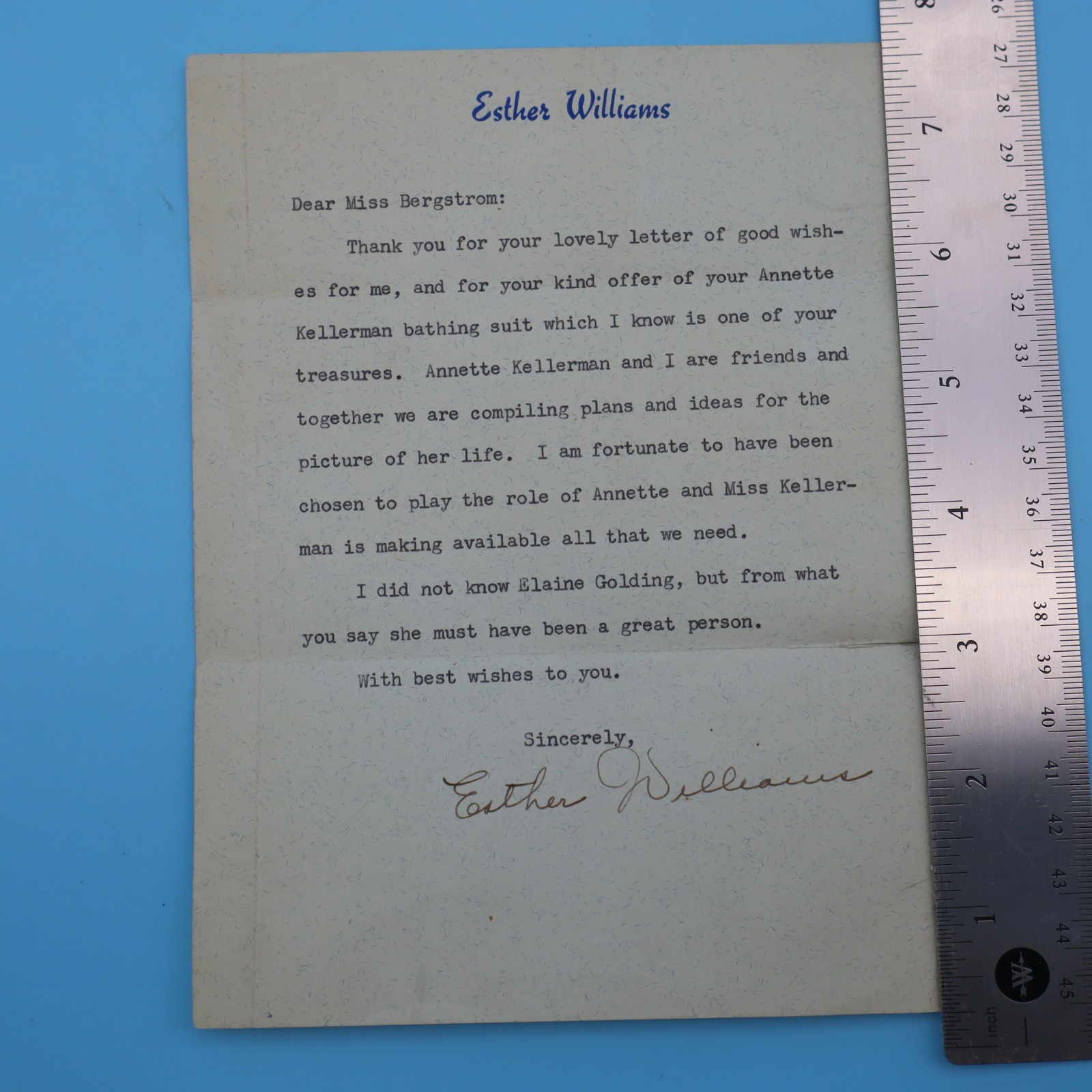 ESTHER WILLIAMS Actress TYPED LETTER HAND SIGNED autographed GREAT CONTENT