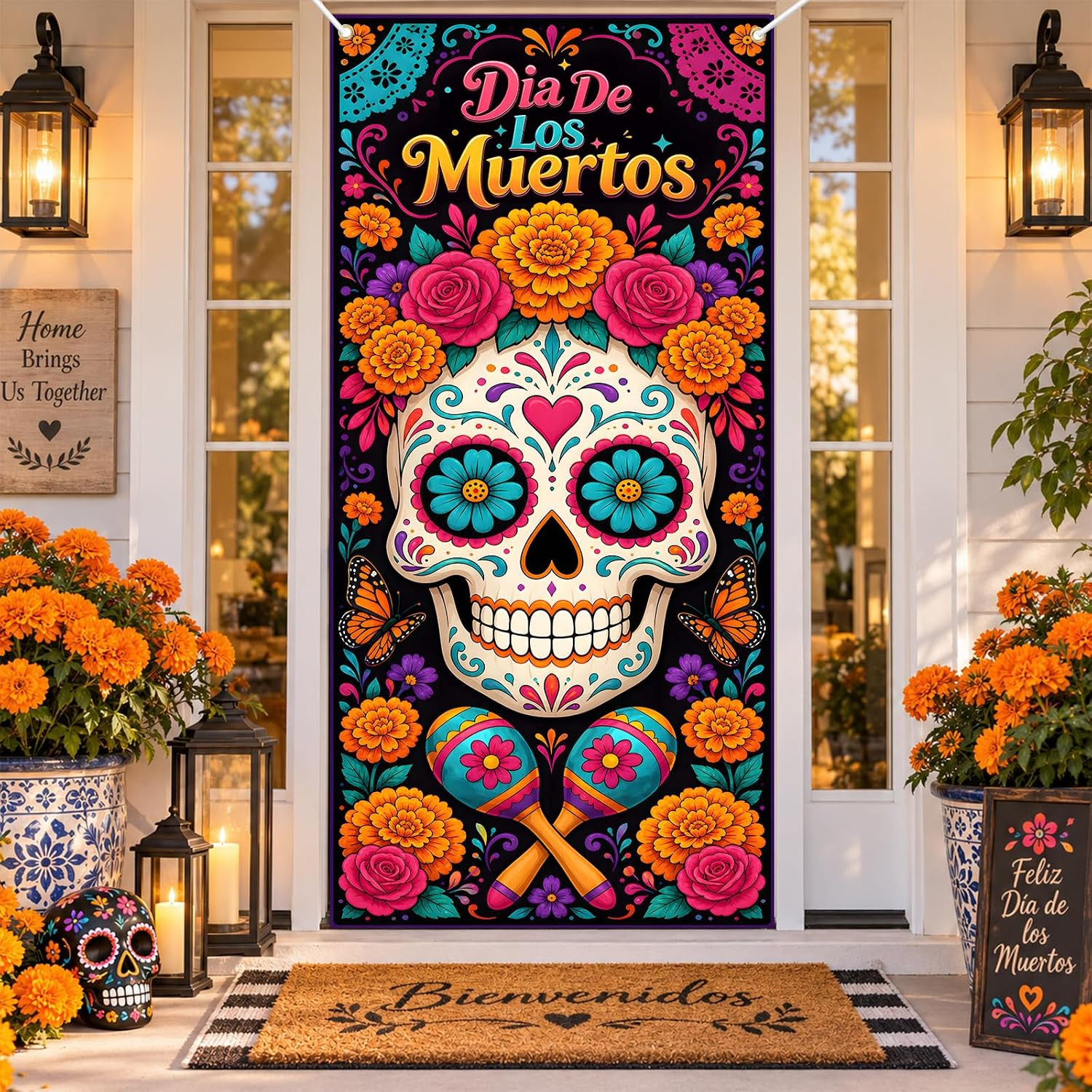 Day of the Dead Door Cover, Dia De Muertos Sugar Skull Door Cover