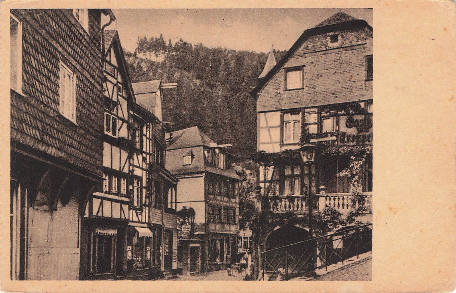 Postcard Monschau (52156), Rurstraße with historic half-timbered houses, postcard